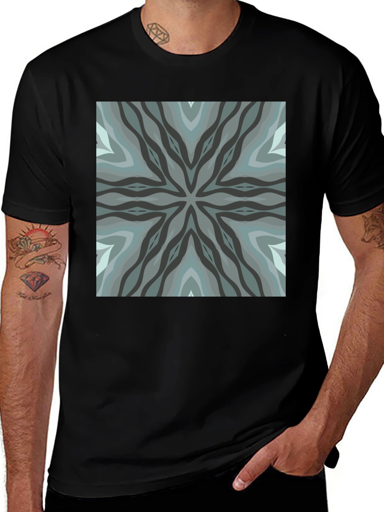 Geometric Pattern Black Crew Neck Tee