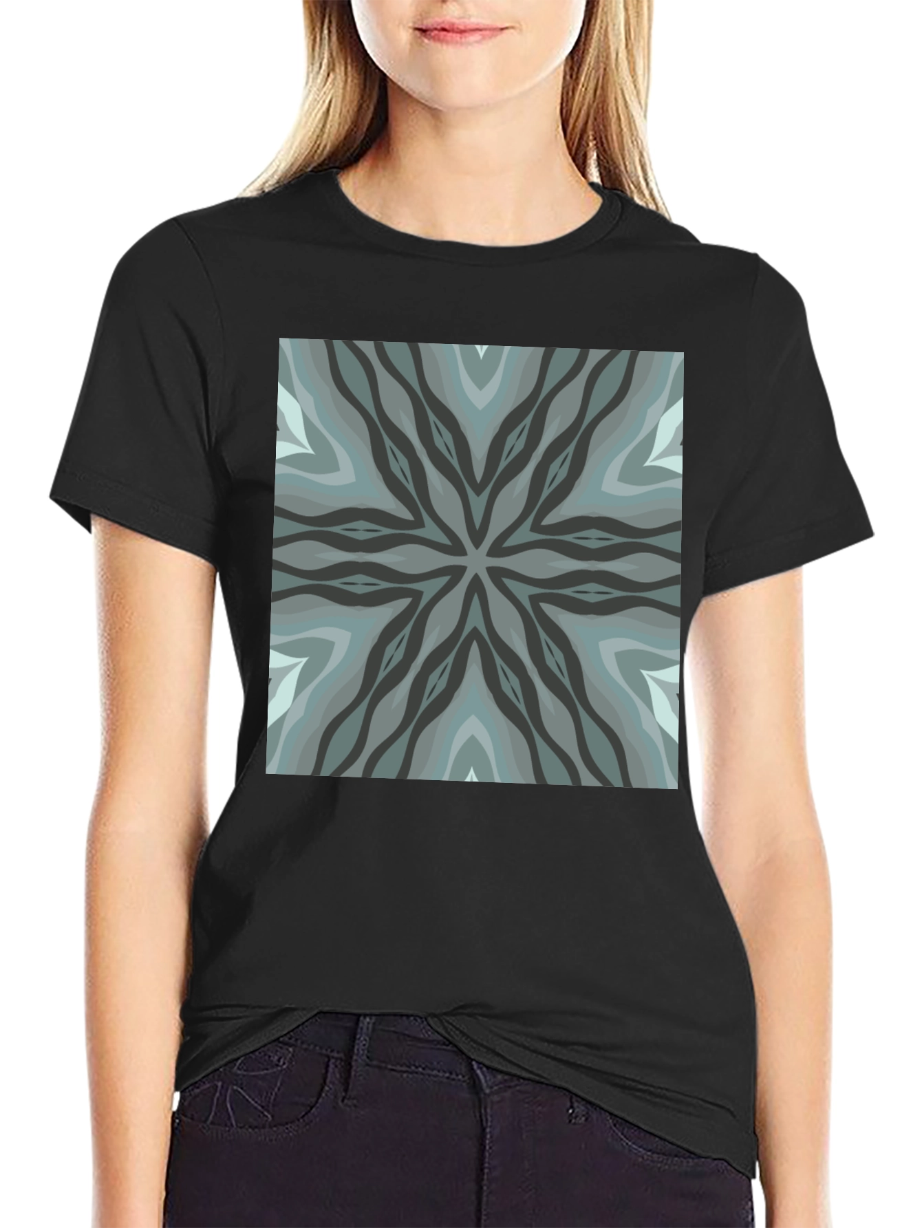 Geometric Pattern Black Crew Neck Tee