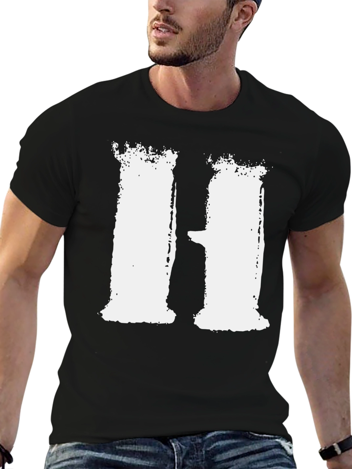 Distressed White H on Black T-Shirt