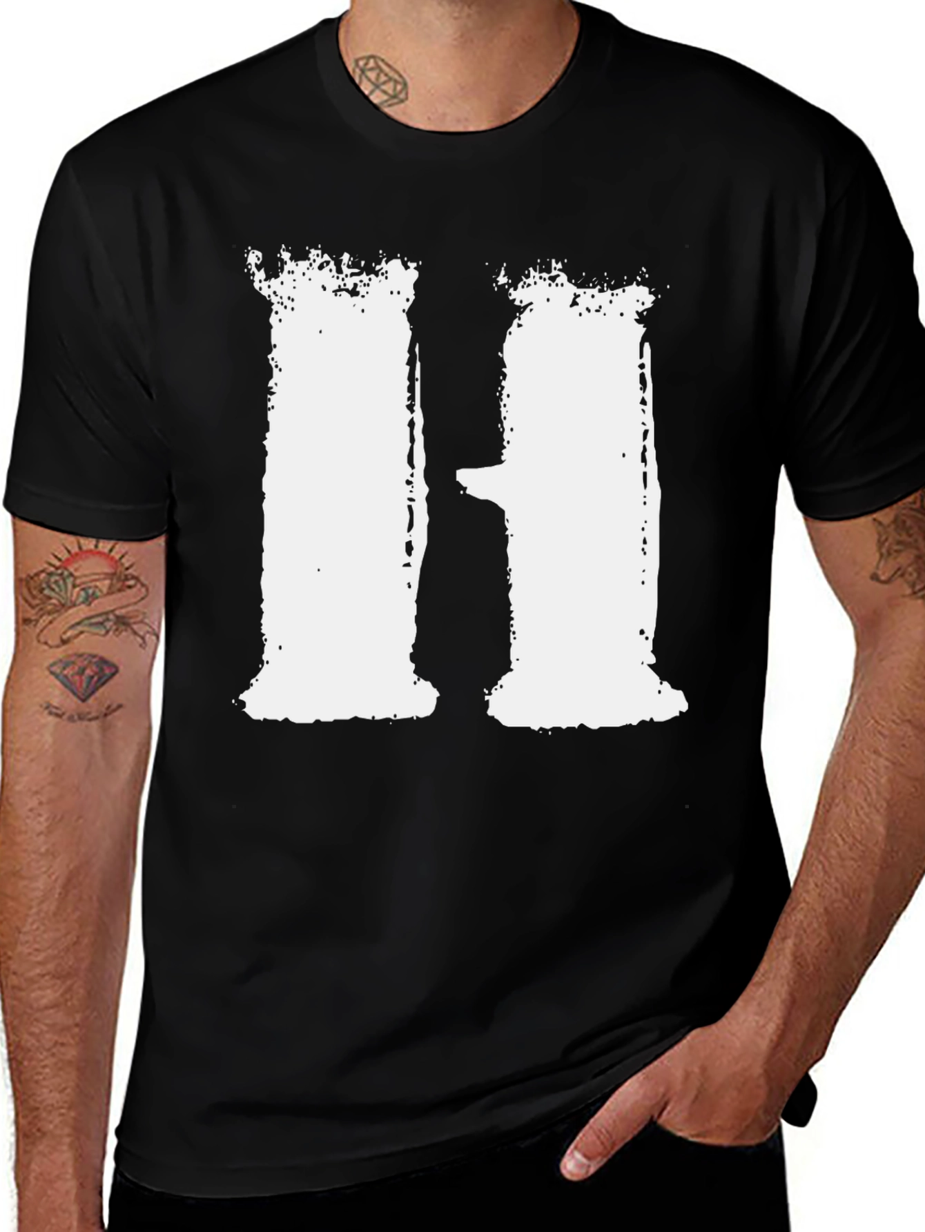 Distressed White H on Black T-Shirt