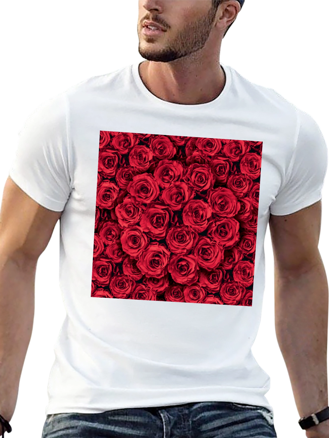 Red Roses Floral Print Crew Neck T-Shirt