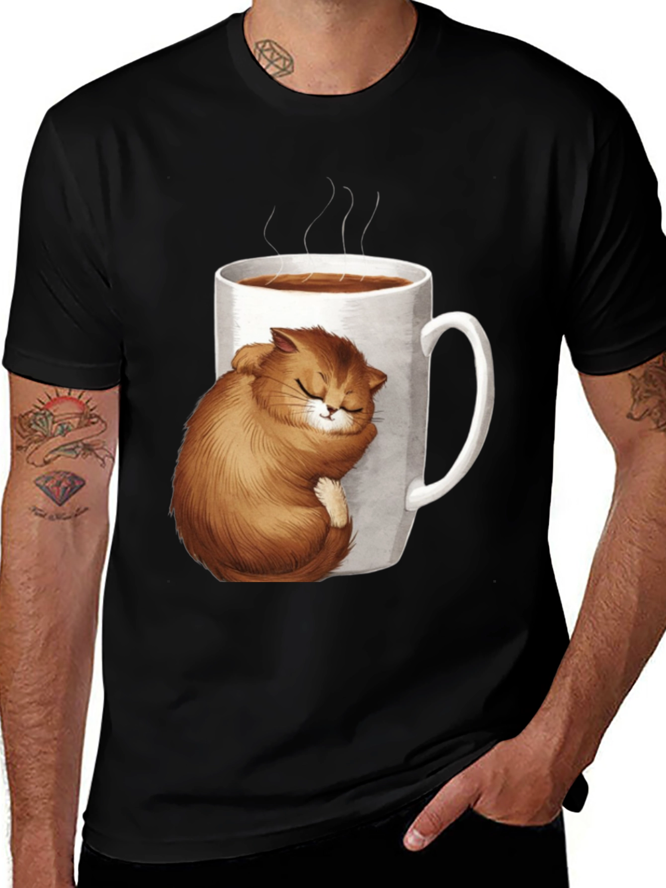 Cute Cat in Coffee Cup Black T-Shirt
