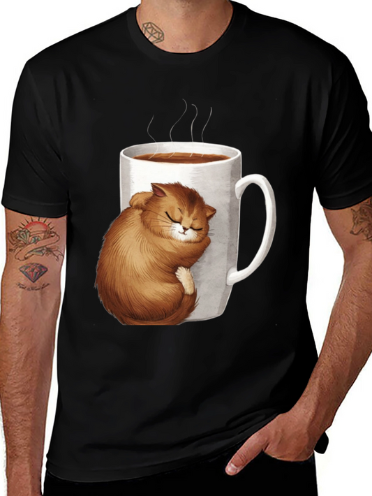 Cute Cat in Coffee Cup Black T-Shirt