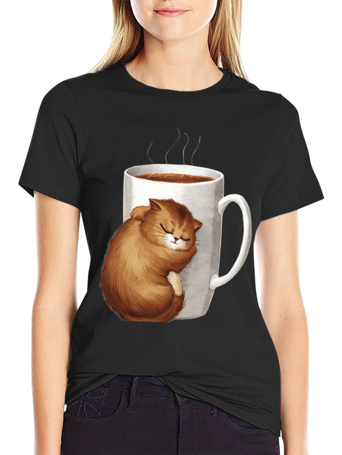 Cute Cat in Coffee Cup Black T-Shirt