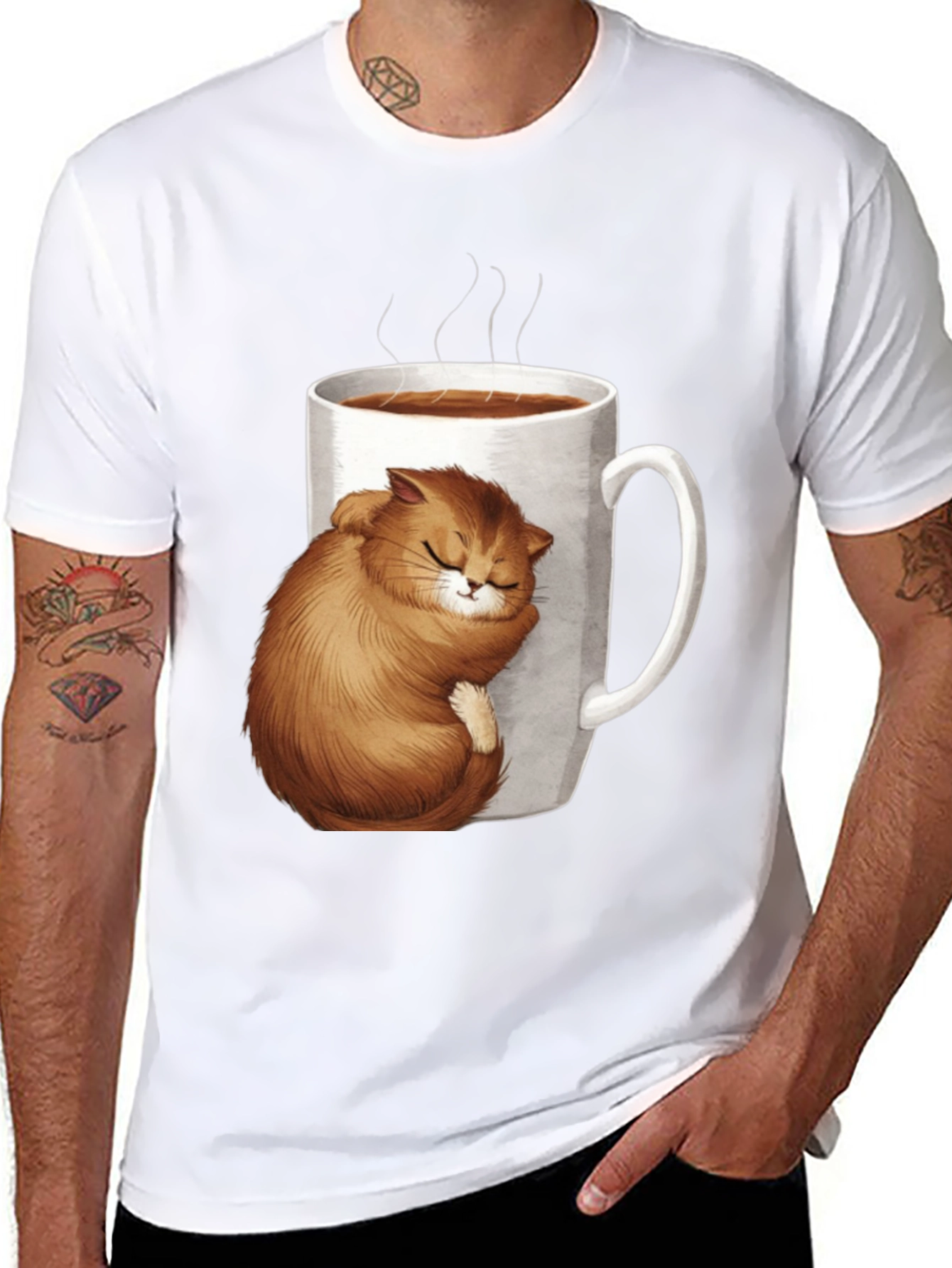 Cute Cat in Coffee Cup Black T-Shirt