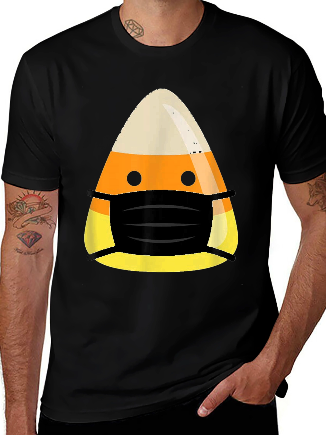 Candy Corn Mask Halloween Black T-Shirt