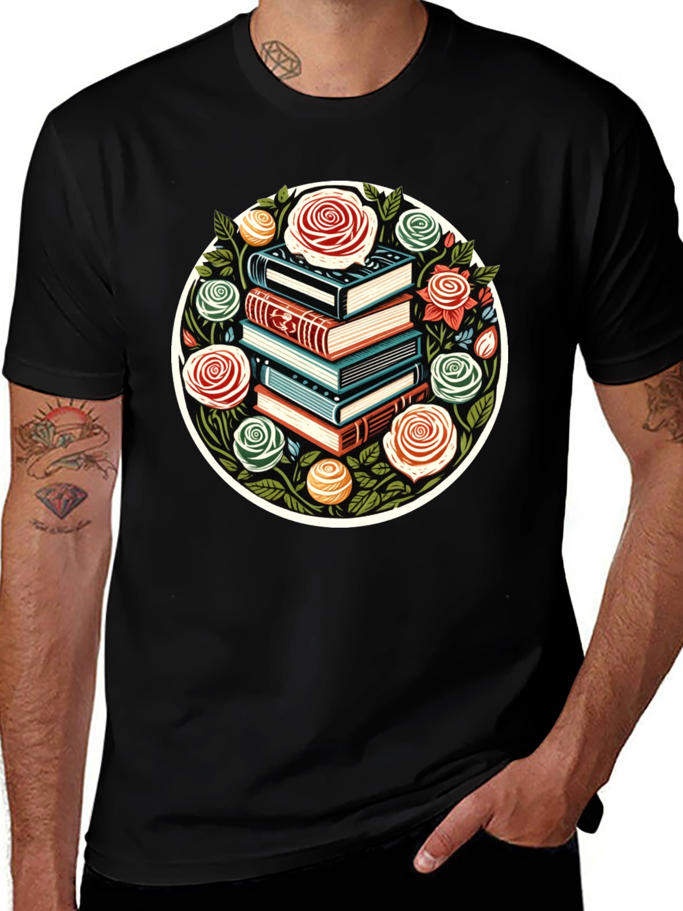 Book Stack & Roses Graphic Tee