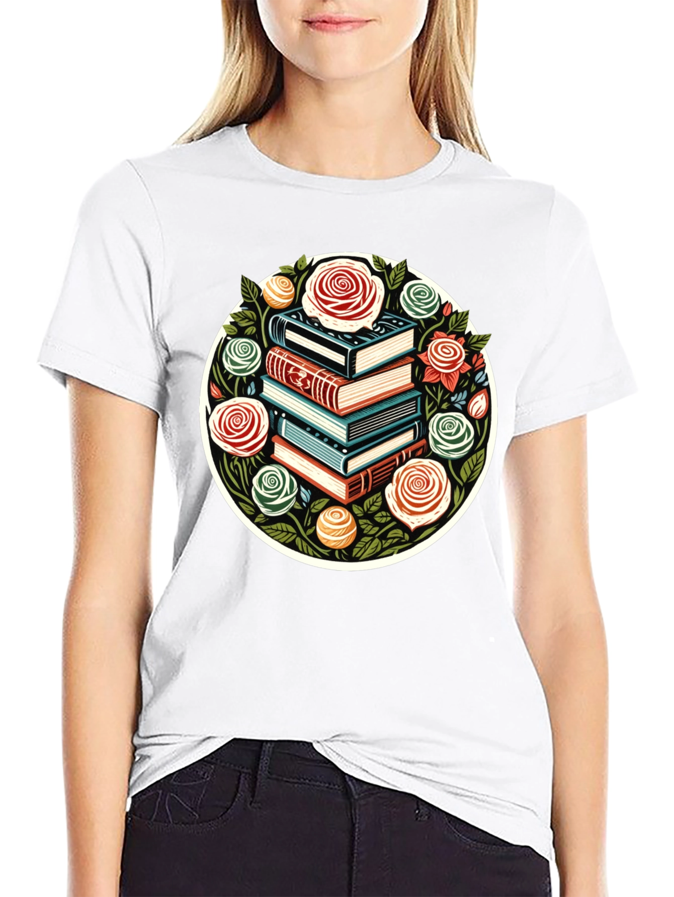 Book Stack & Roses Graphic Tee