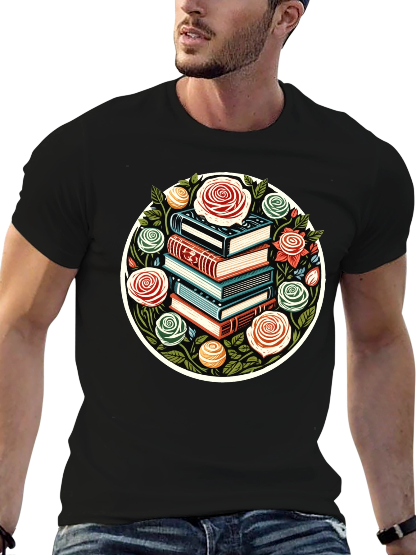 Book Stack & Roses Graphic Tee