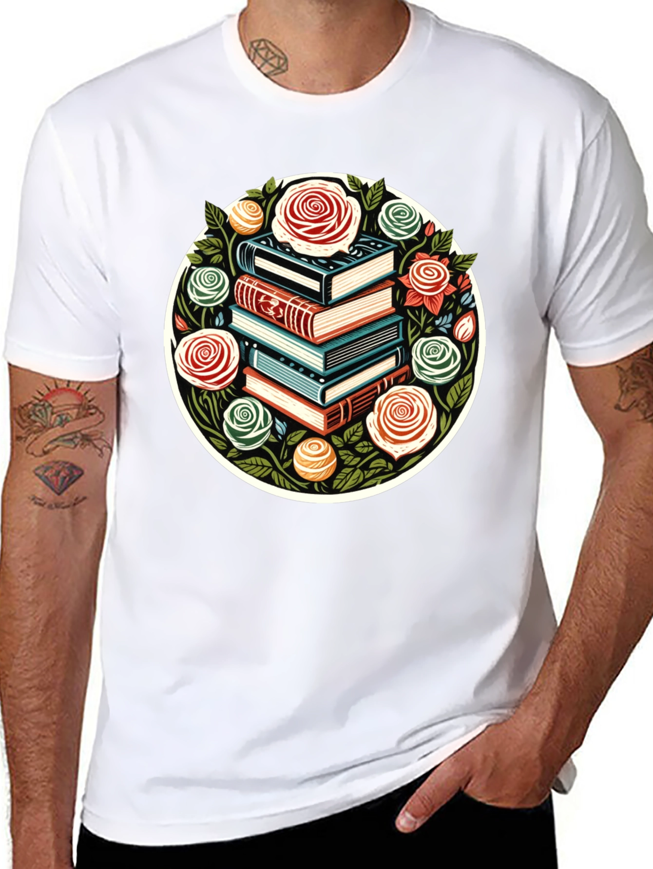 Book Stack & Roses Graphic Tee