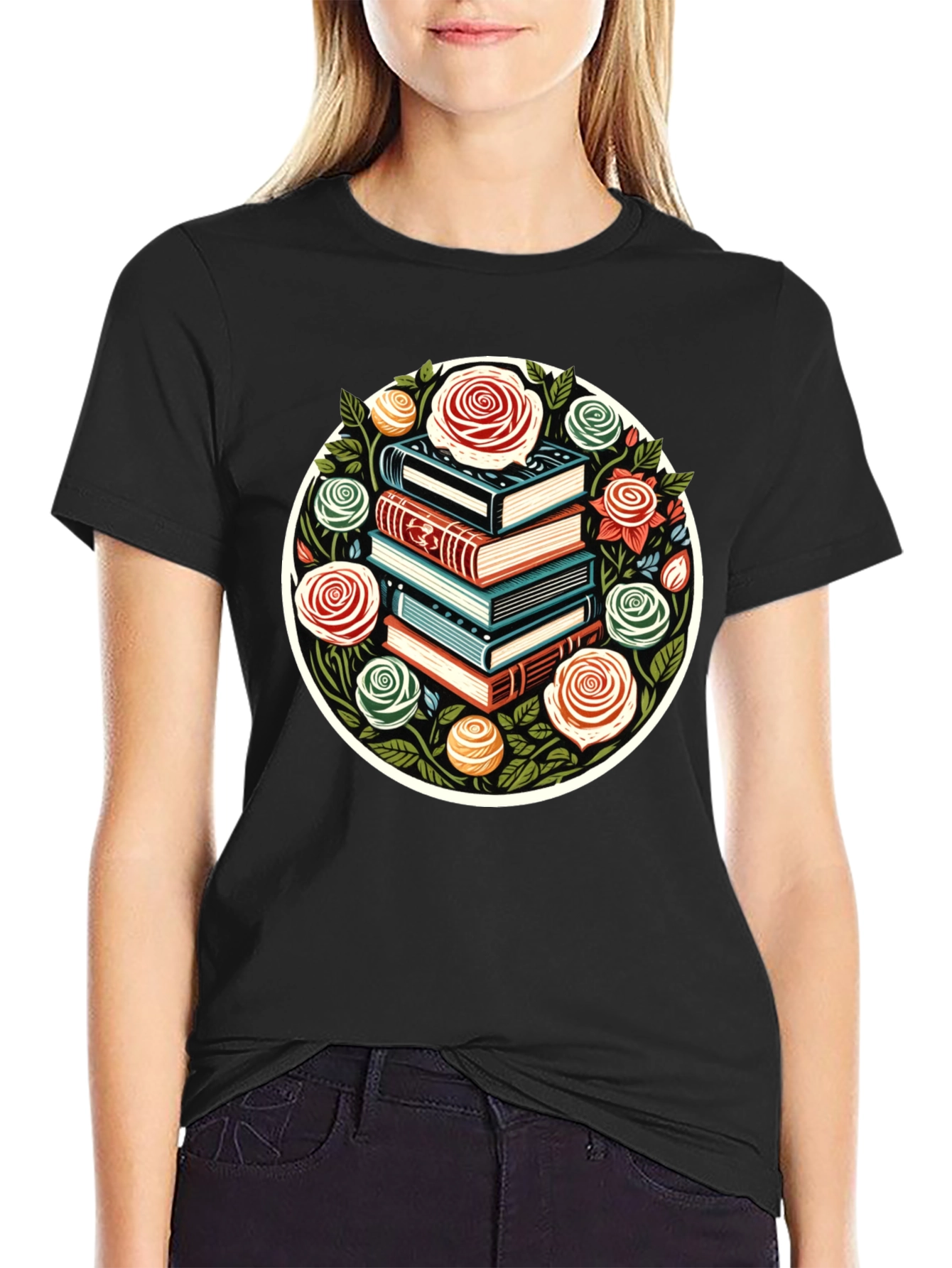 Book Stack & Roses Graphic Tee
