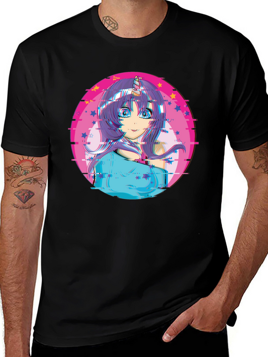 Anime Girl Unicorn Glitch T-Shirt - Black