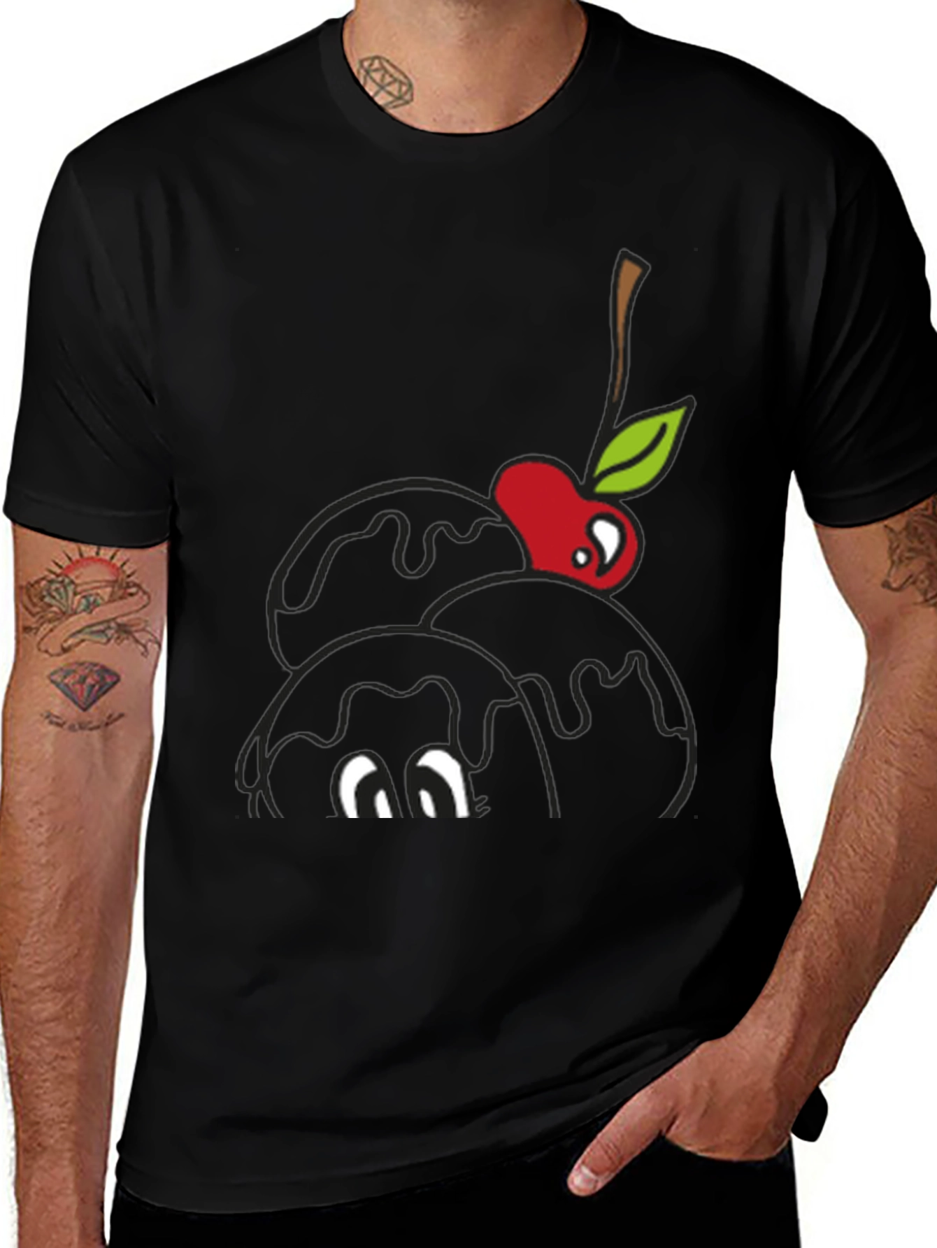 Black T-Shirt with Cartoon Cherry Ice Cream Design