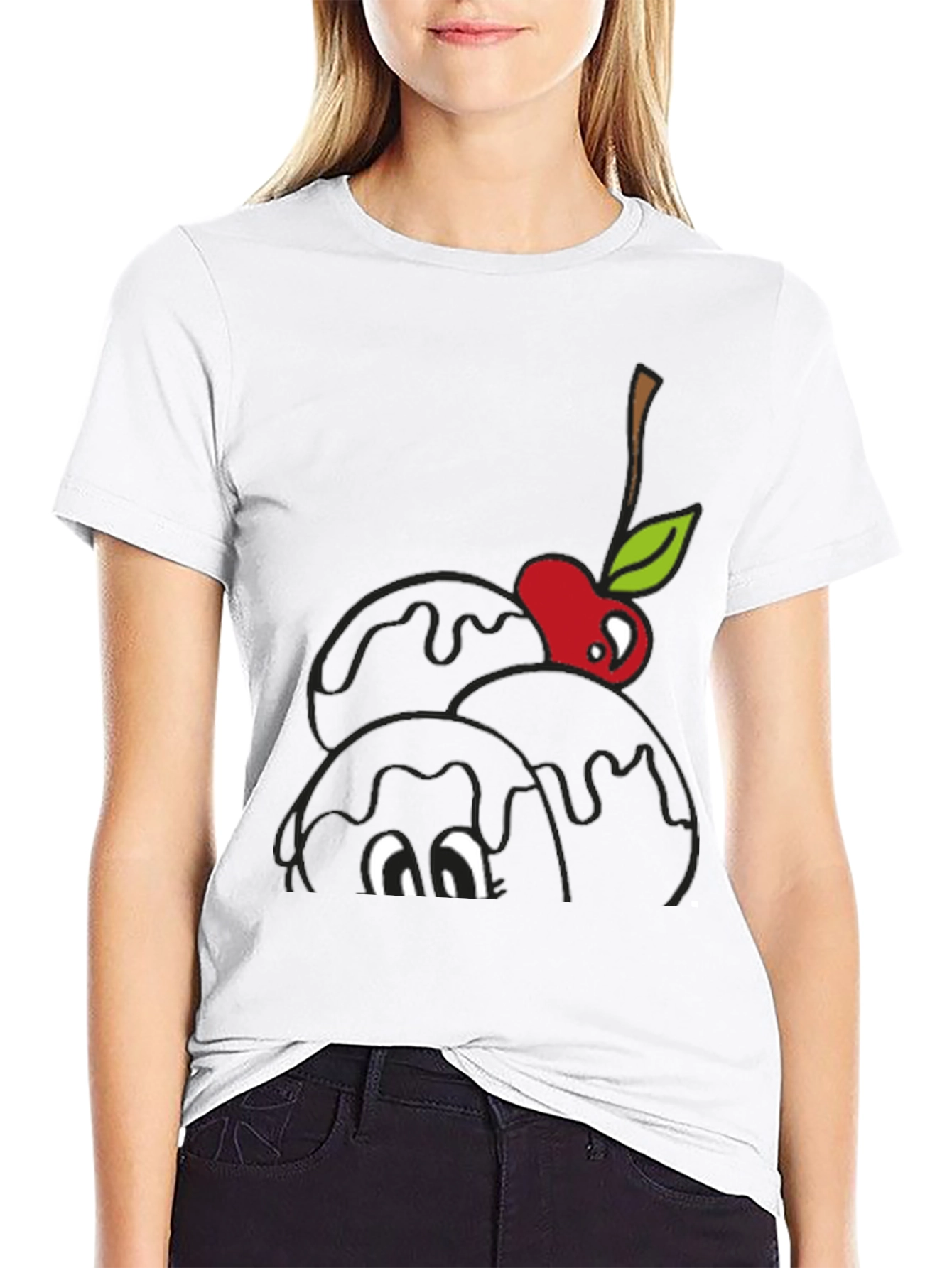 Black T-Shirt with Cartoon Cherry Ice Cream Design