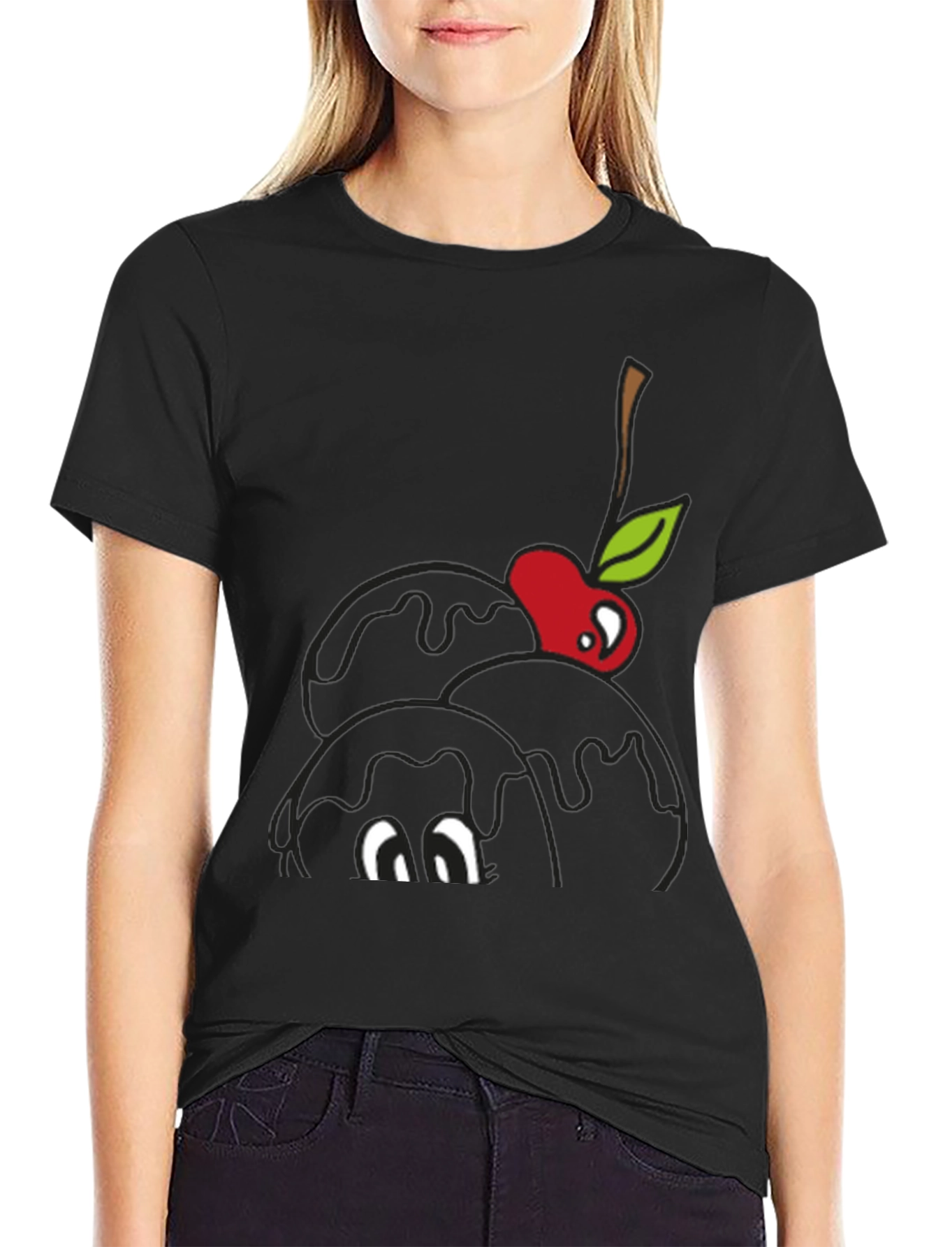 Black T-Shirt with Cartoon Cherry Ice Cream Design
