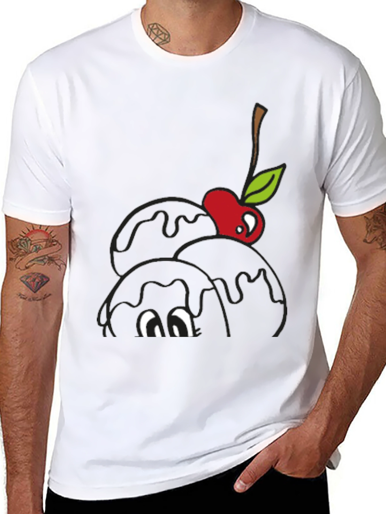 Black T-Shirt with Cartoon Cherry Ice Cream Design