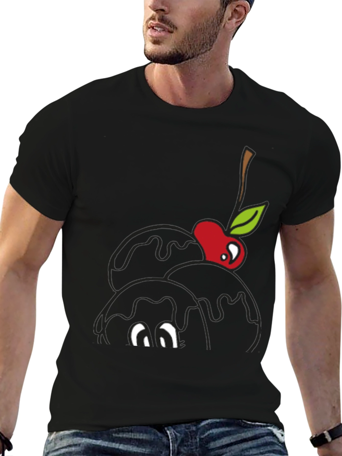 Black T-Shirt with Cartoon Cherry Ice Cream Design