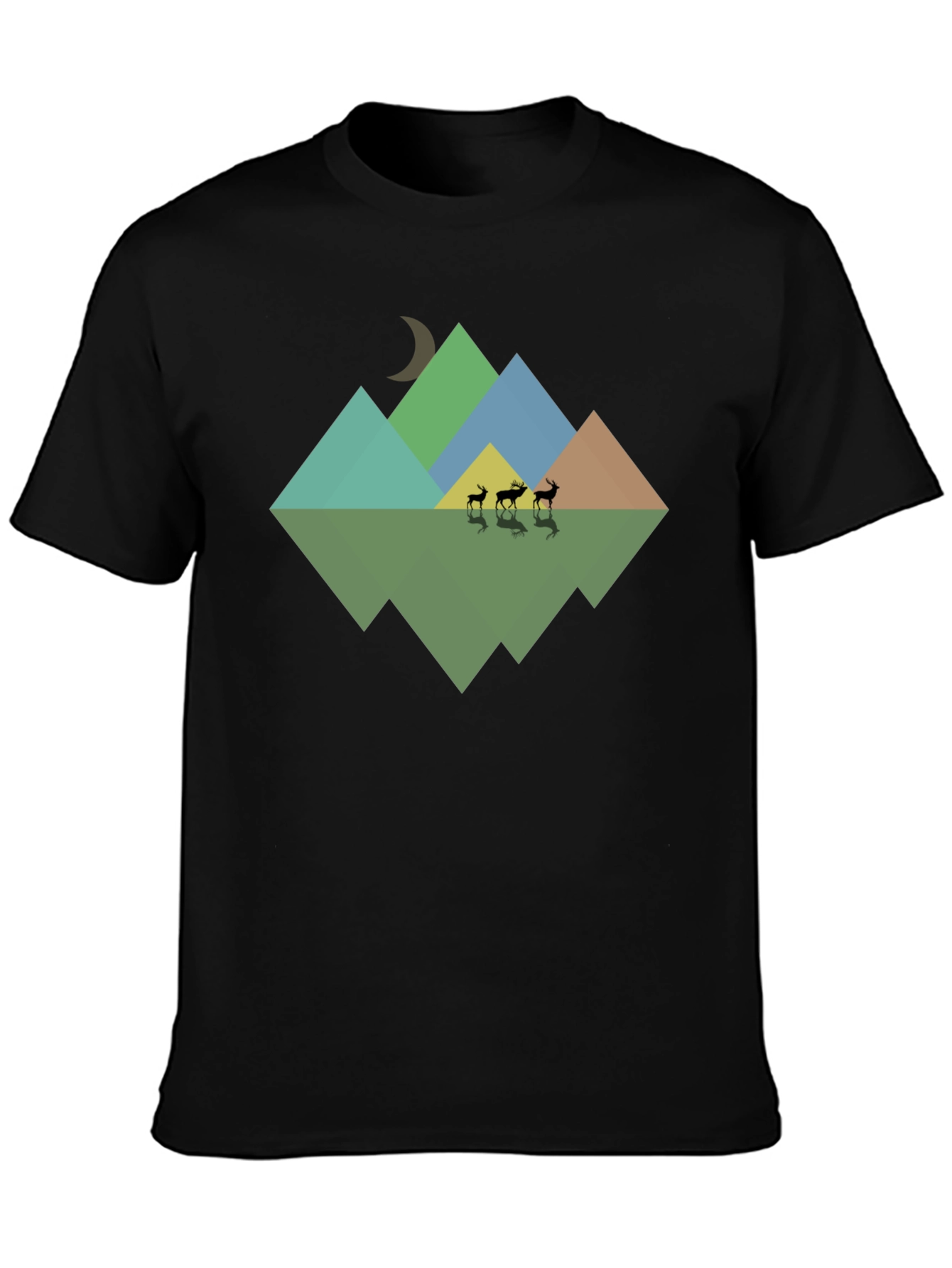 Geometric Mountain & Deer Print Black T-Shirt