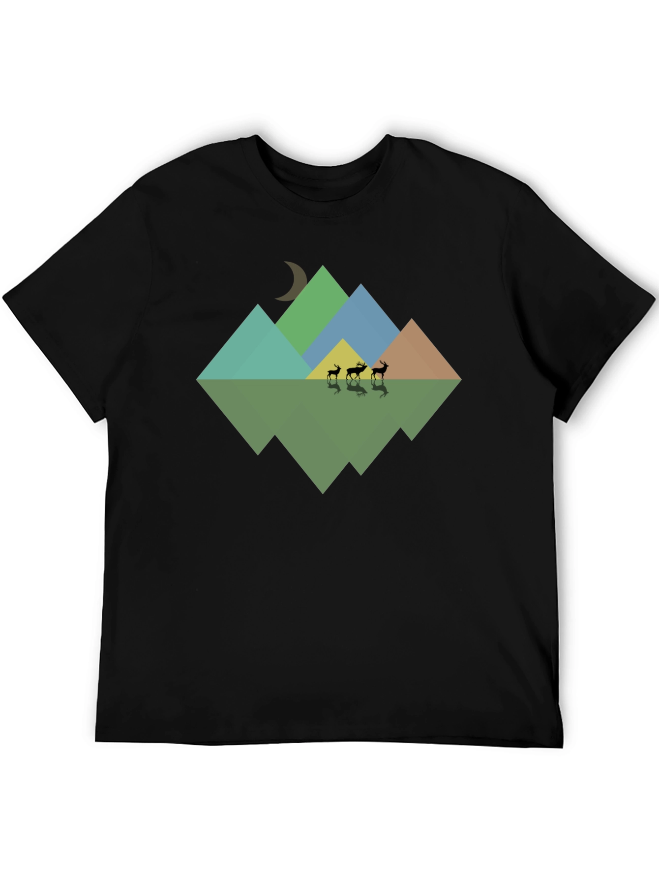 Geometric Mountain & Deer Print Black T-Shirt