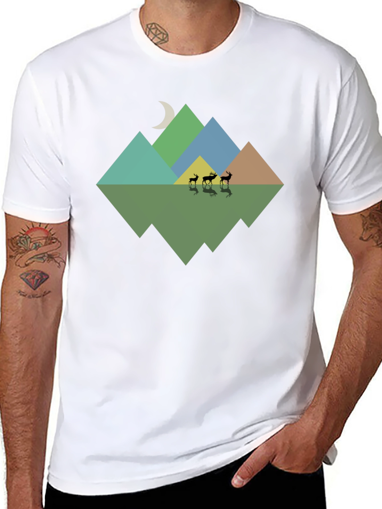 Geometric Mountain & Deer Print Black T-Shirt
