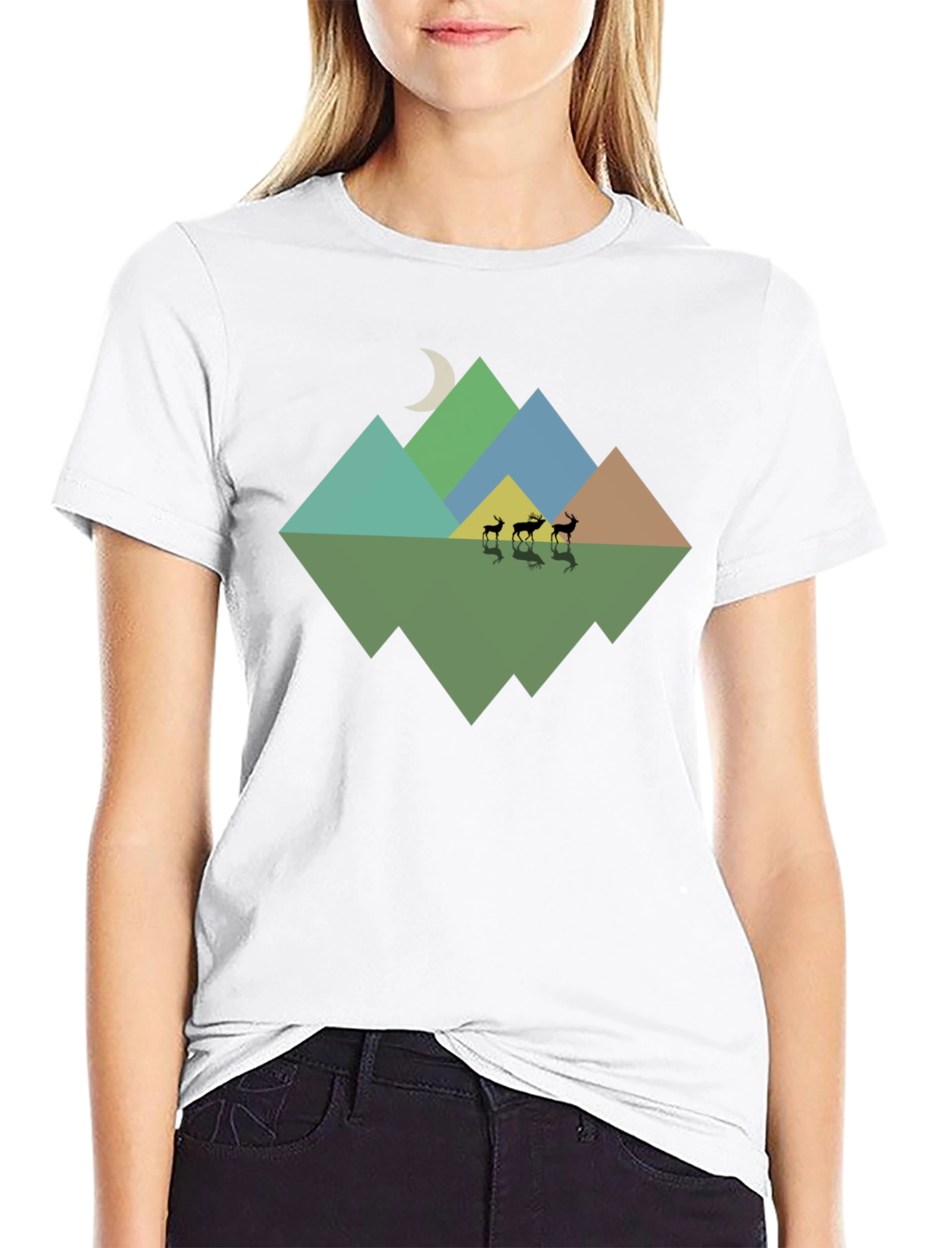 Geometric Mountain & Deer Print Black T-Shirt