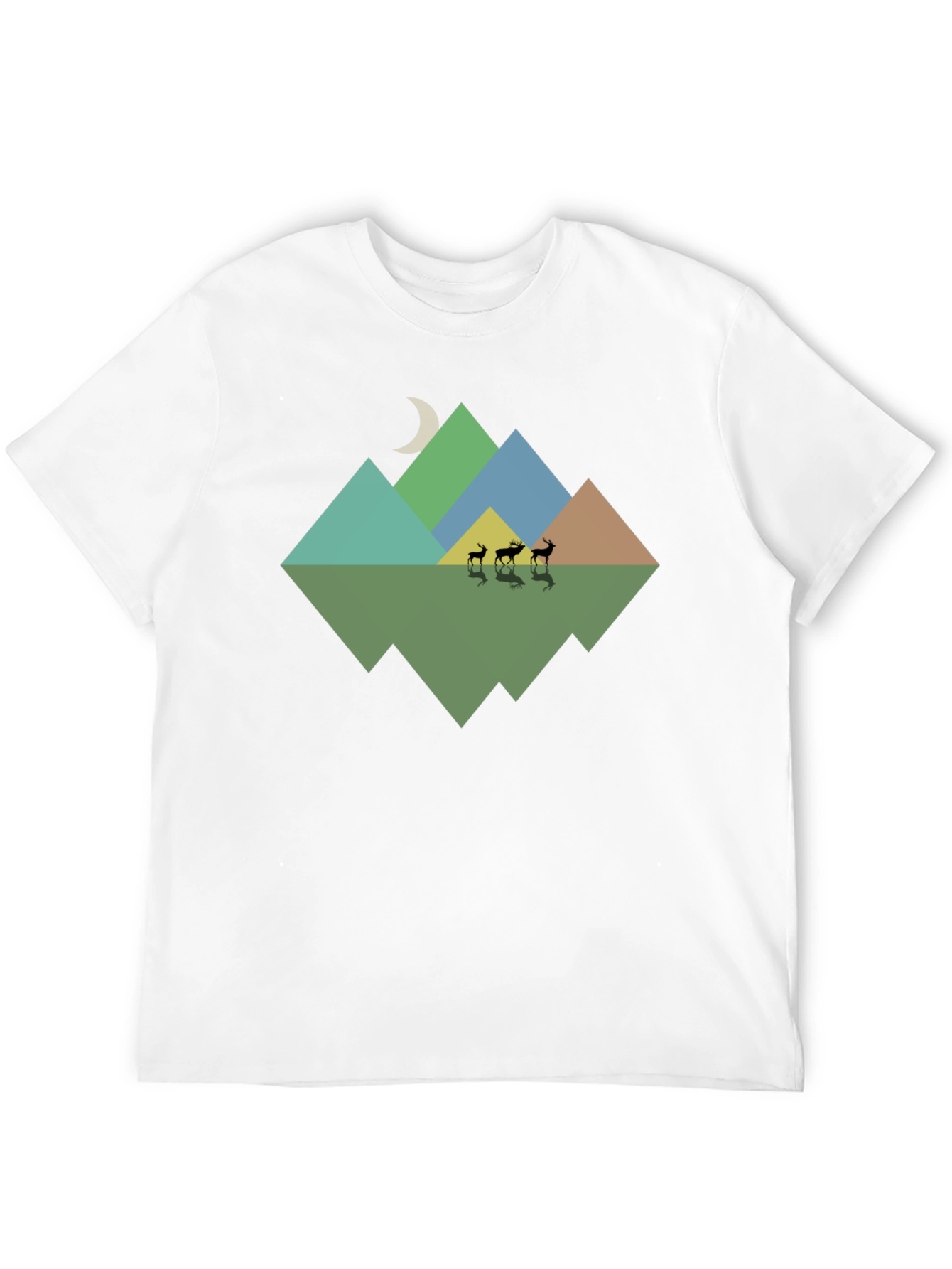 Geometric Mountain & Deer Print Black T-Shirt