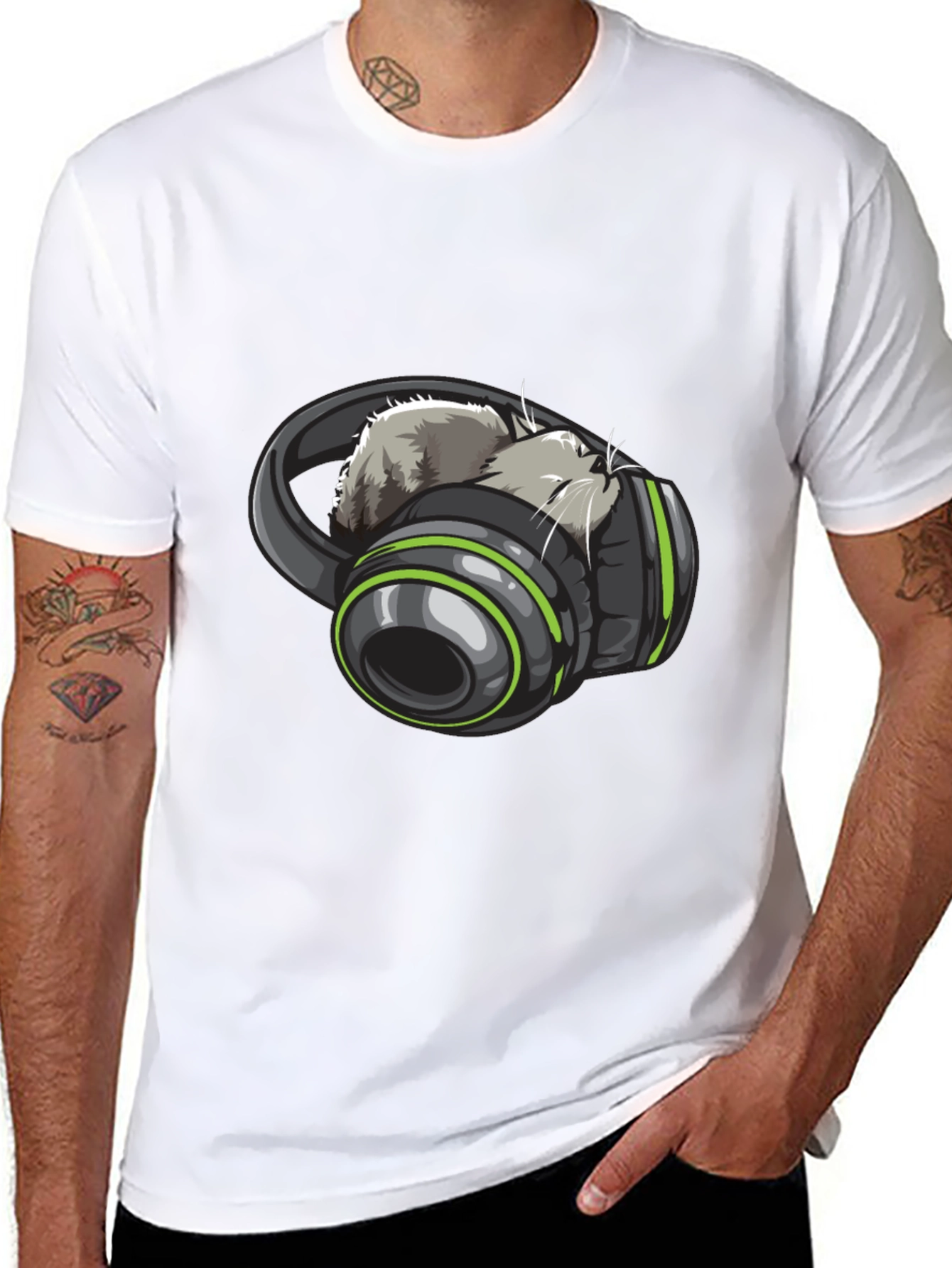 Cat Headphones Graphic Tee - Black