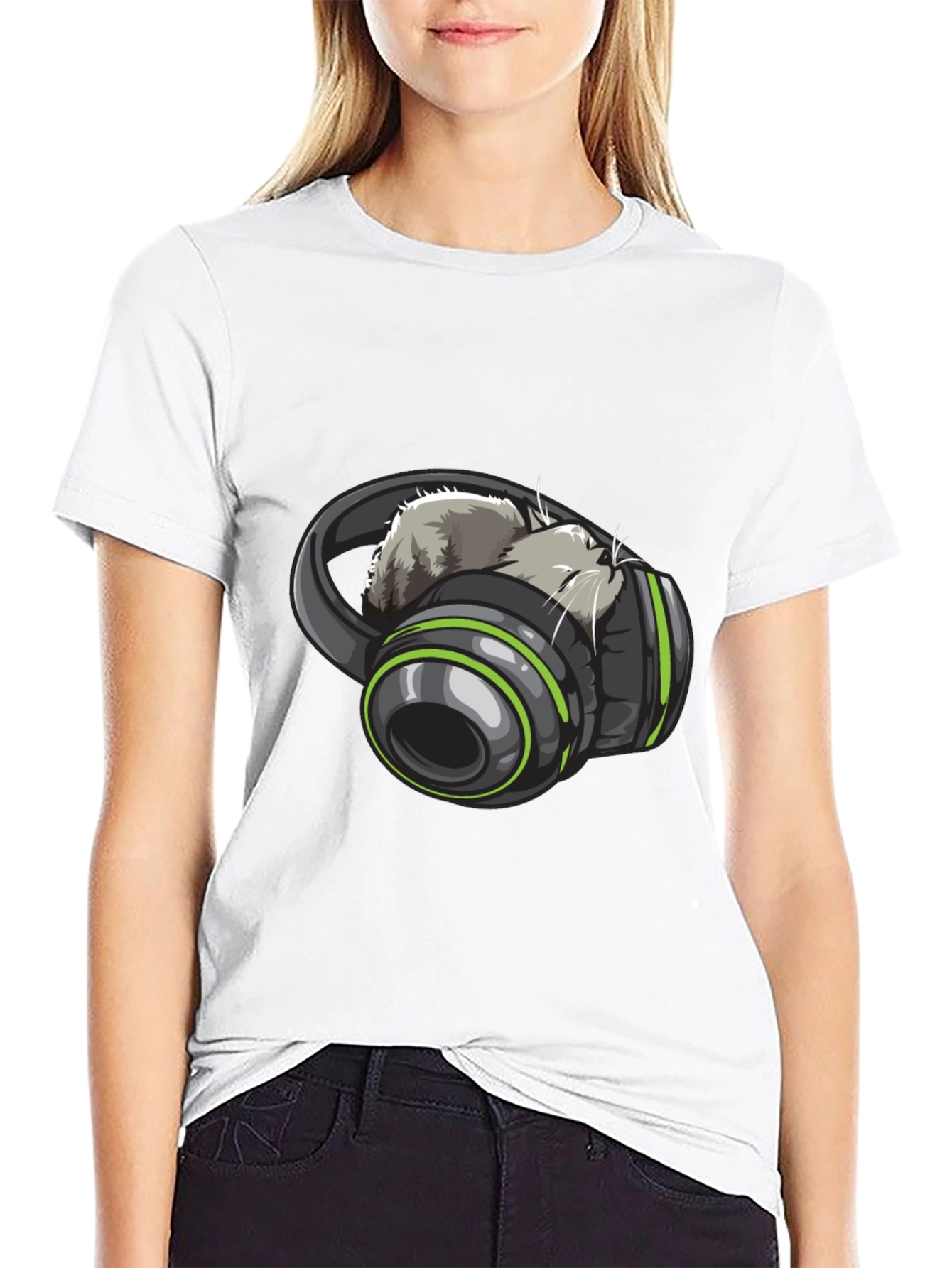 Cat Headphones Graphic Tee - Black