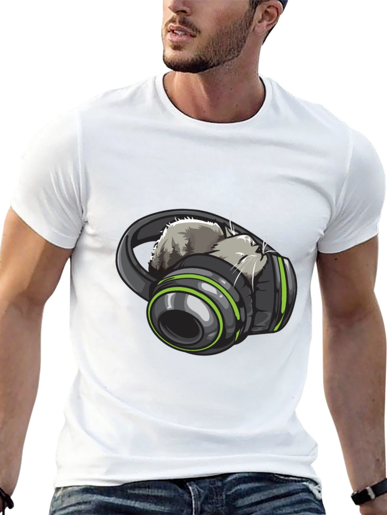 Cat Headphones Graphic Tee - Black