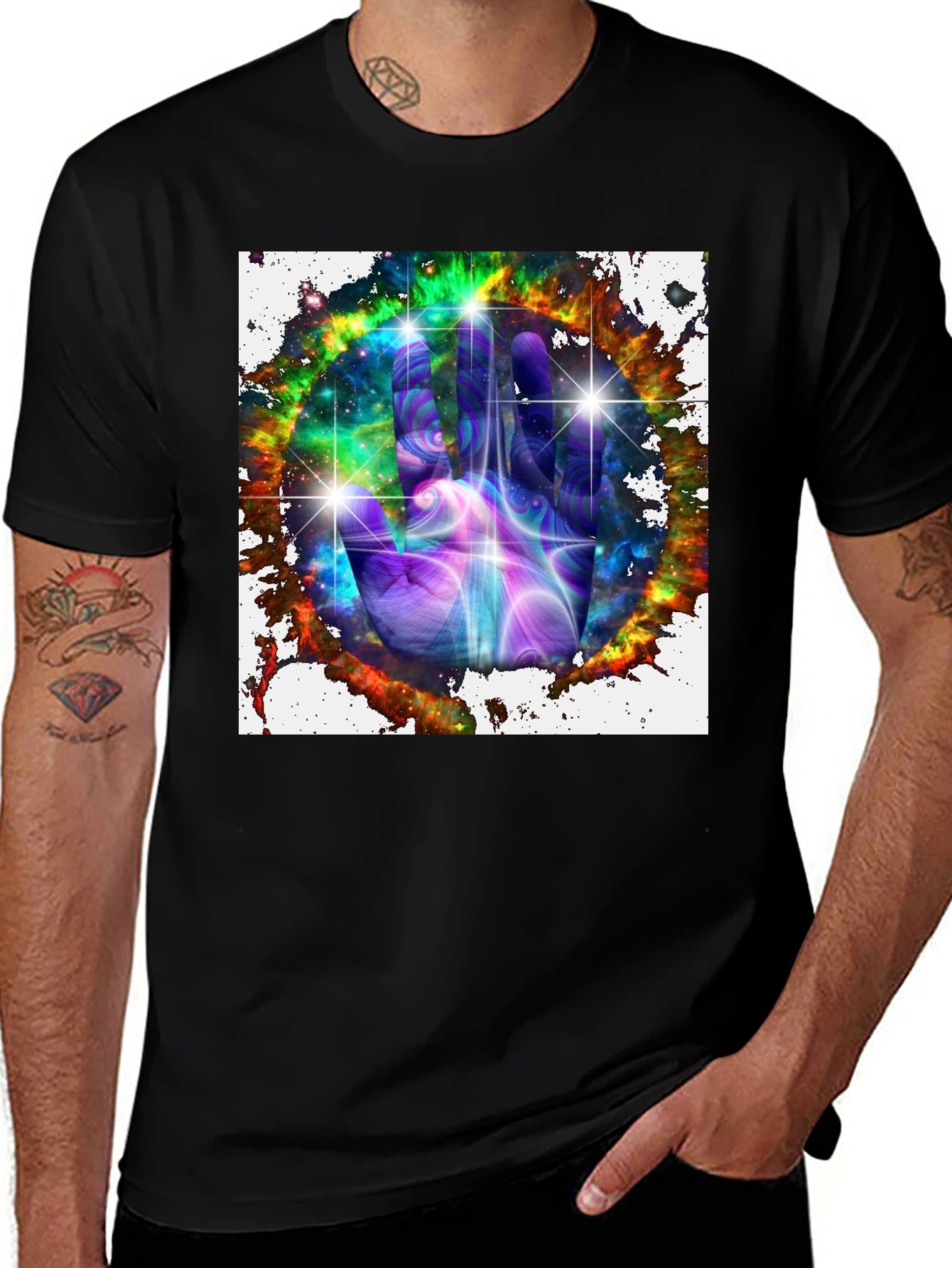 Cosmic Hand Graphic Tee - Galaxy Design