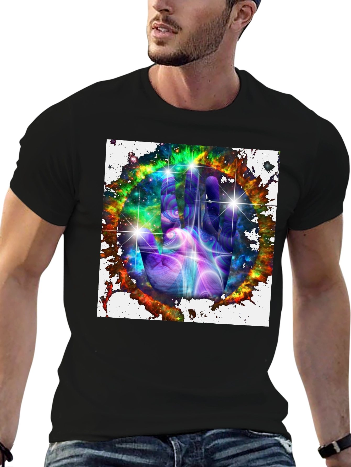Cosmic Hand Graphic Tee - Galaxy Design