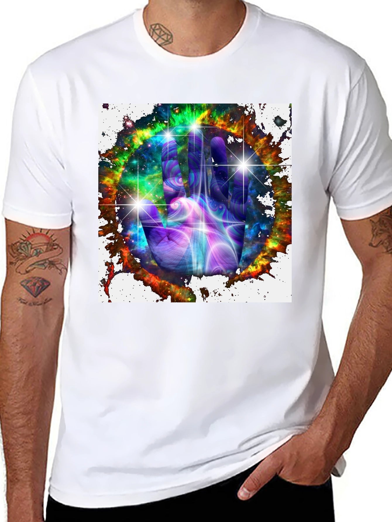Cosmic Hand Graphic Tee - Galaxy Design