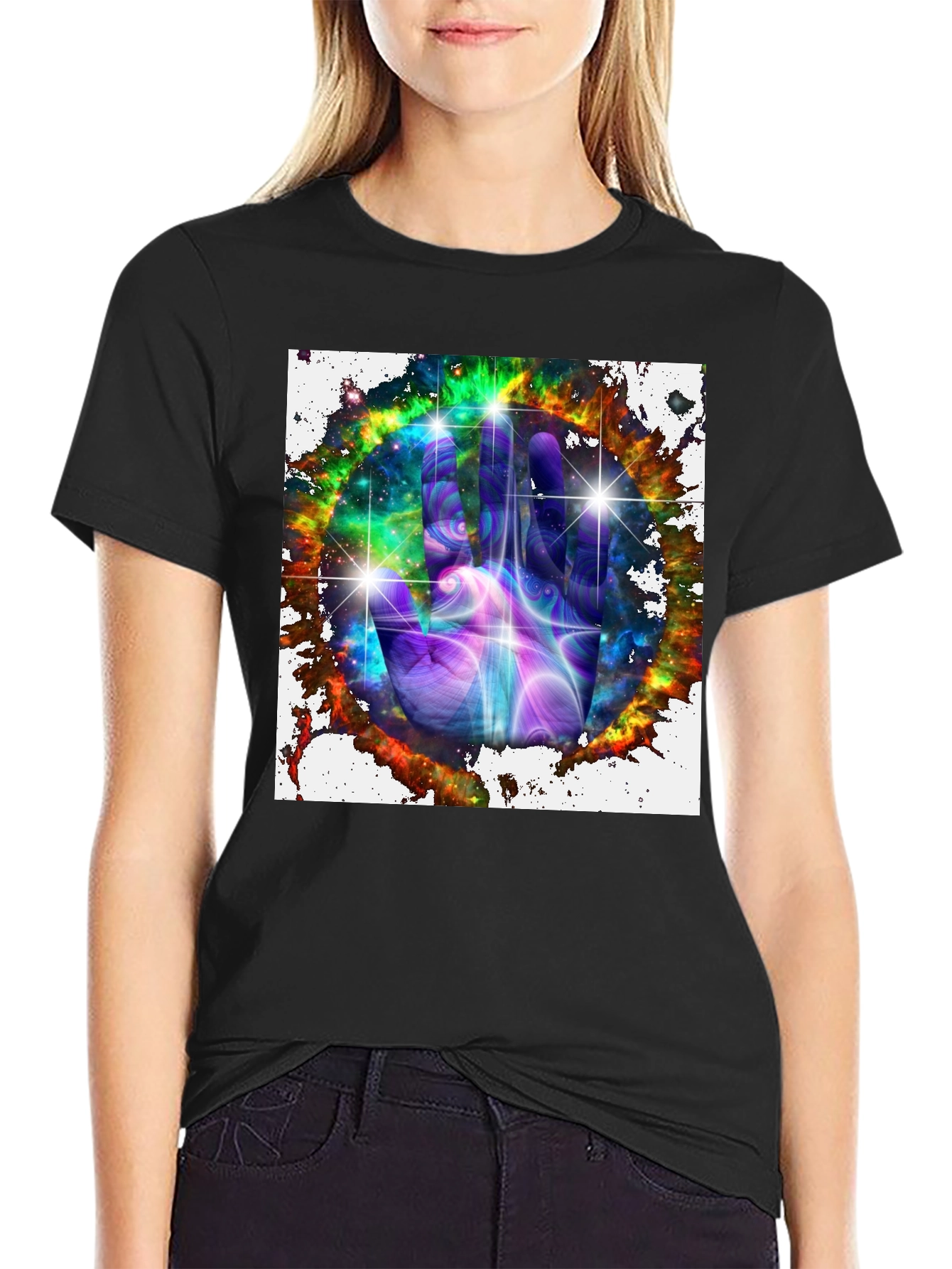 Cosmic Hand Graphic Tee - Galaxy Design