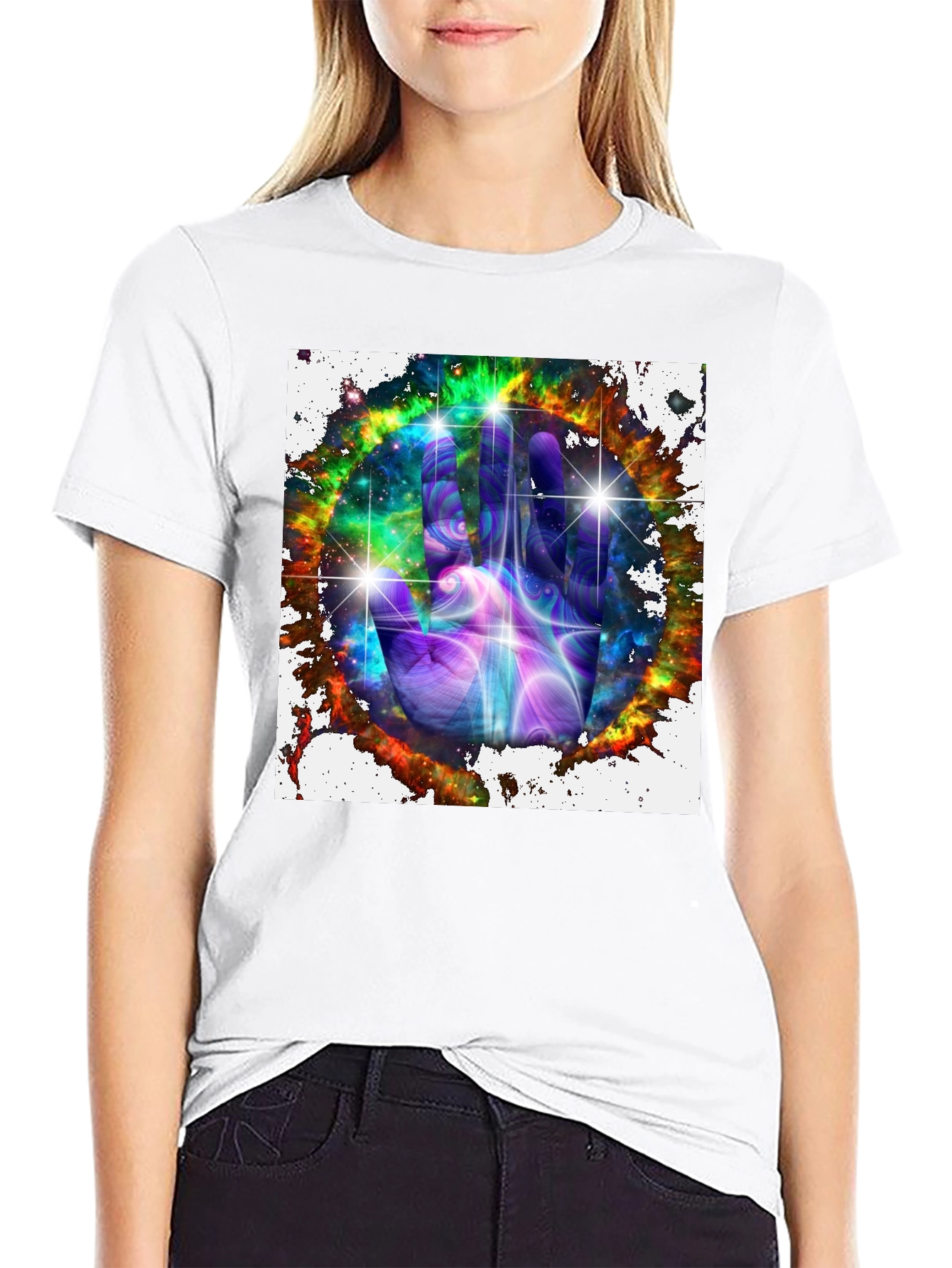 Cosmic Hand Graphic Tee - Galaxy Design