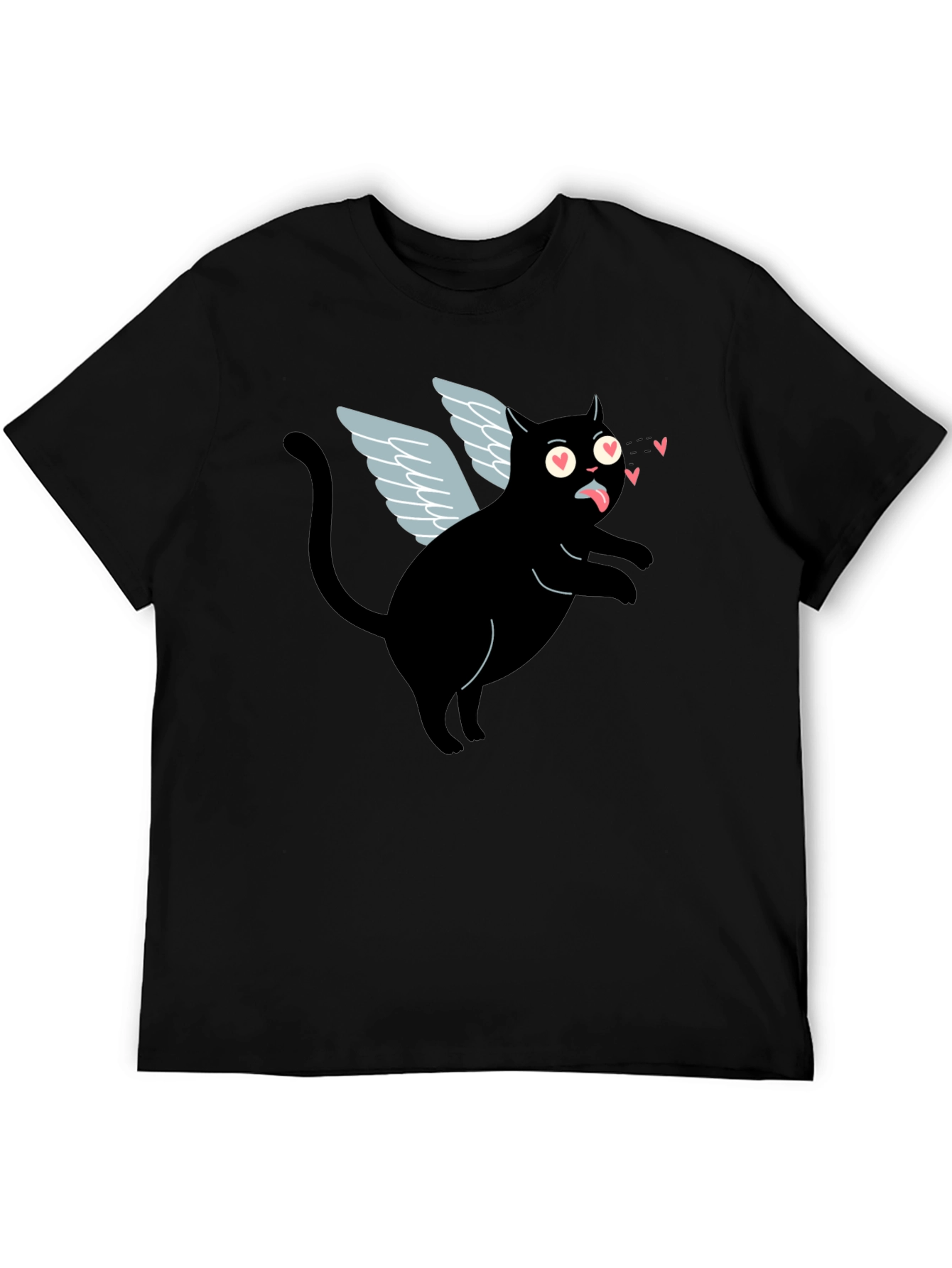 Cupid Cat Graphic T-Shirt - Black Crew Neck Tee