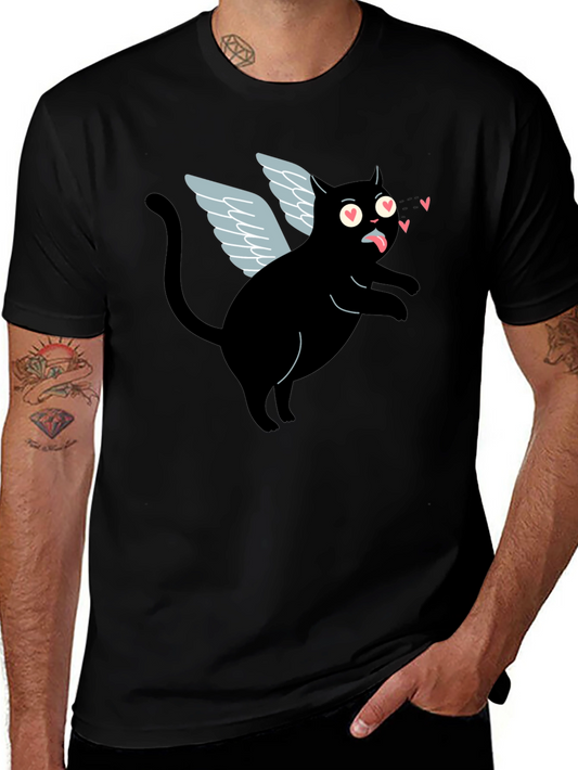 Cupid Cat Graphic T-Shirt - Black Crew Neck Tee