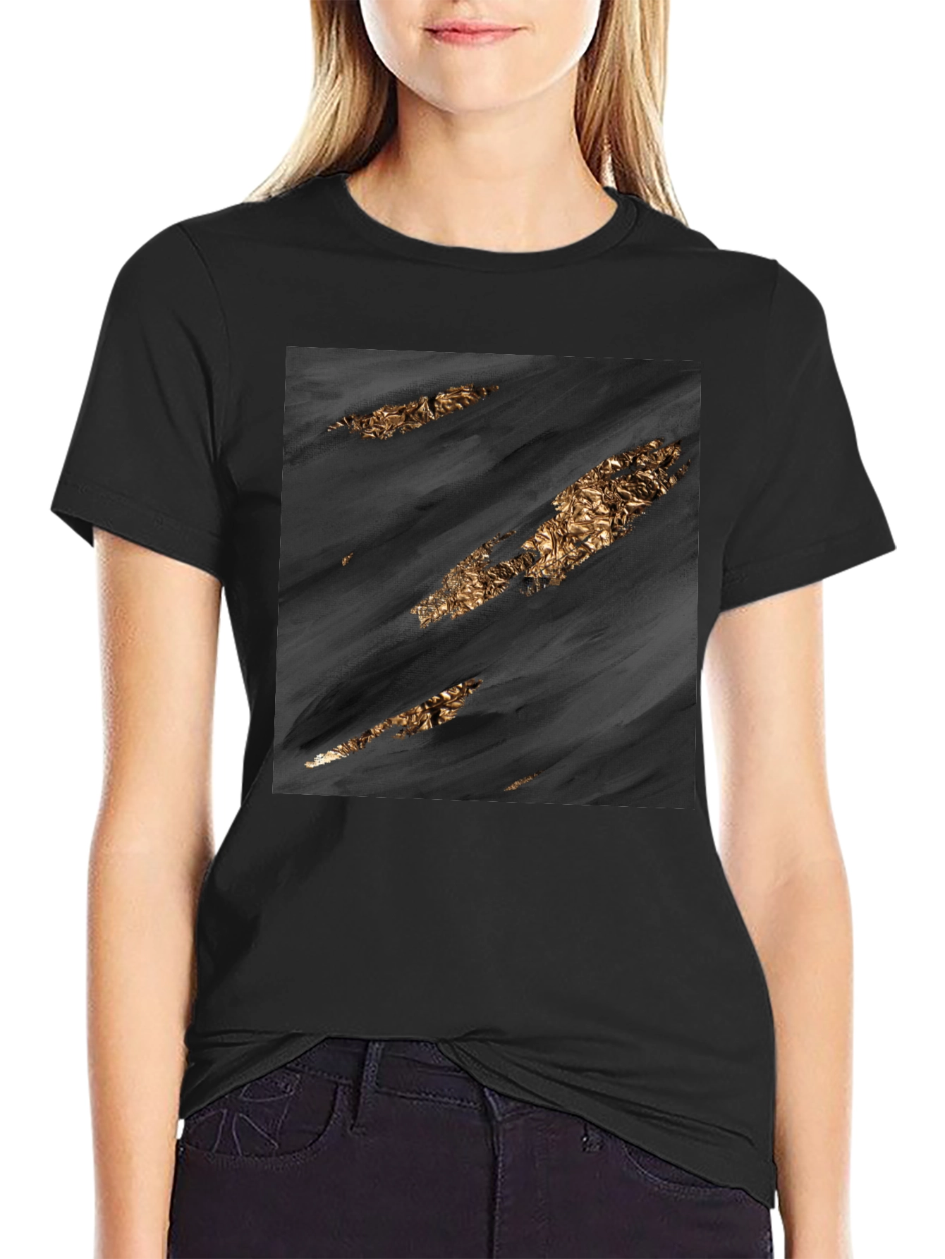 Stylish Black Tee with Abstract Gold Detail