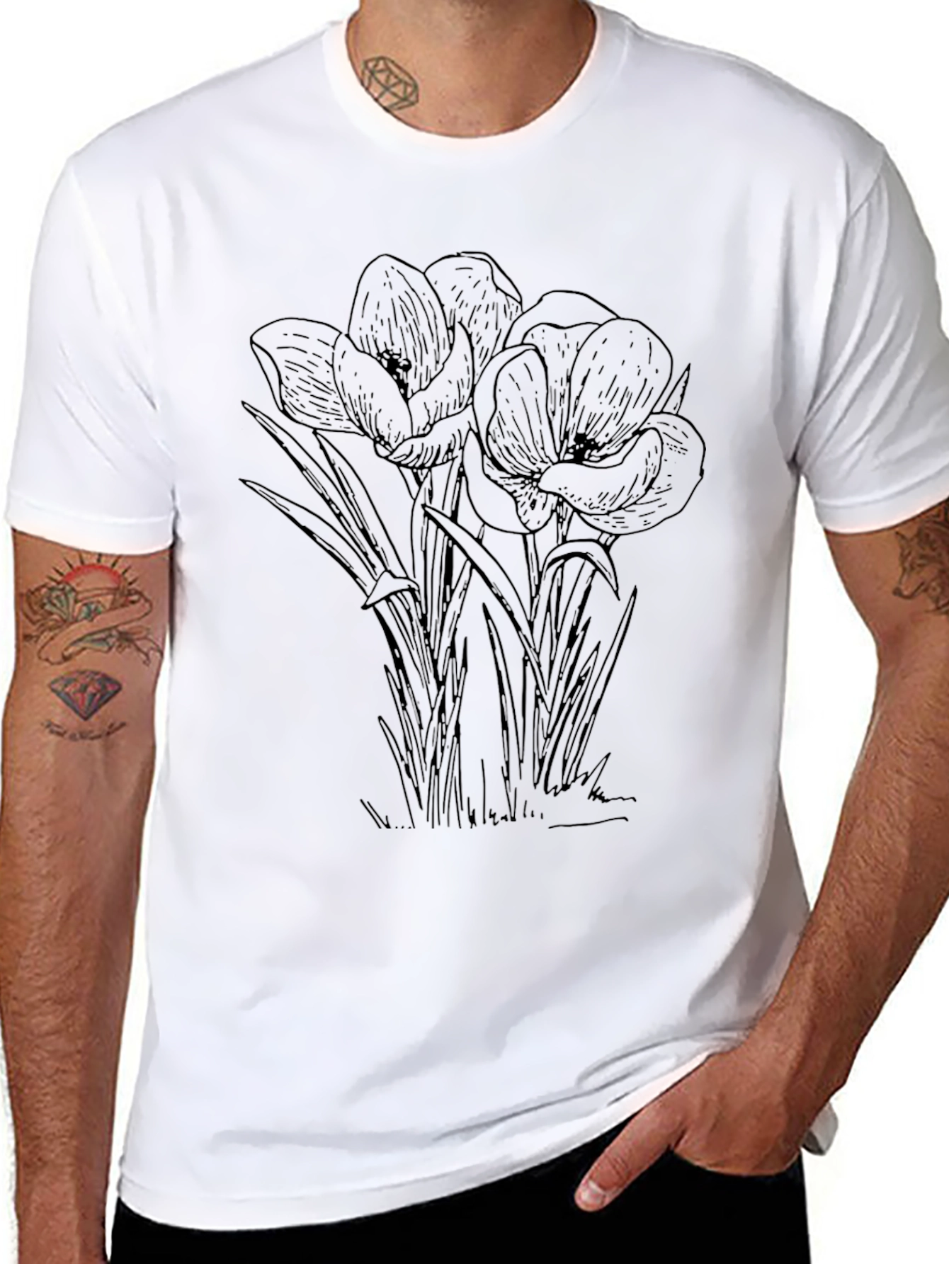 Floral Line Art Graphic Tee - Black