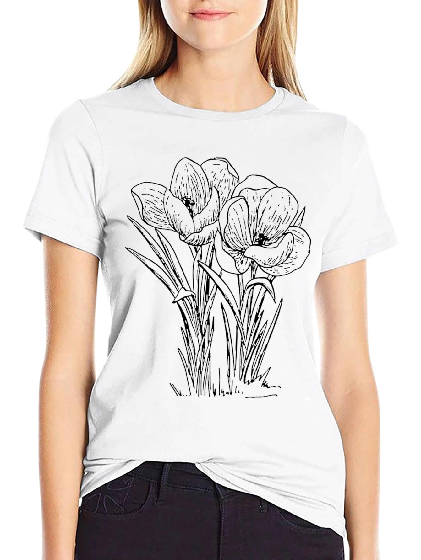 Floral Line Art Graphic Tee - Black