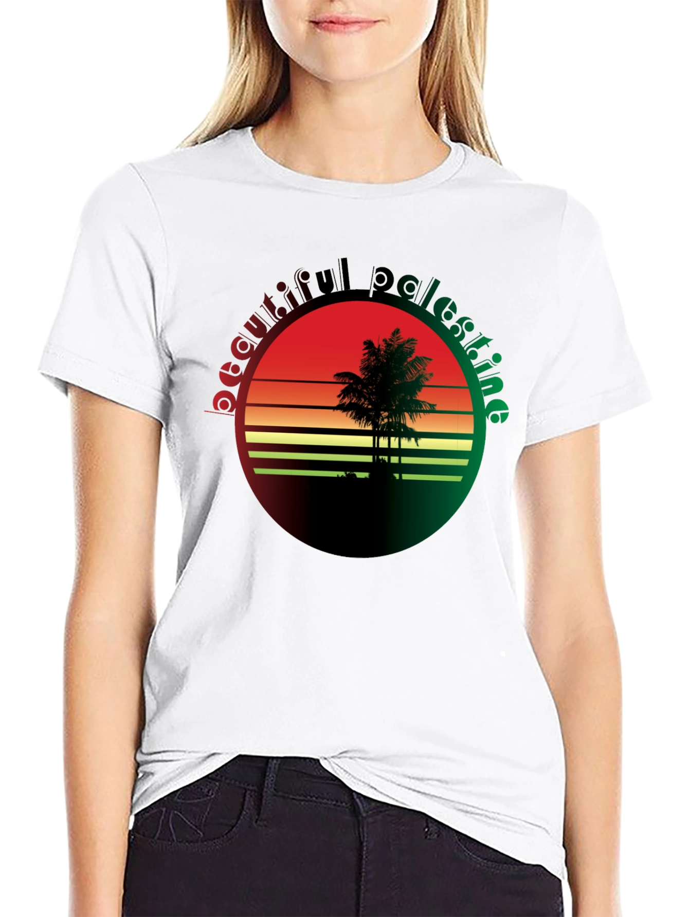Beautiful Palestine T-Shirt - Retro Sunset Palm Tree Design