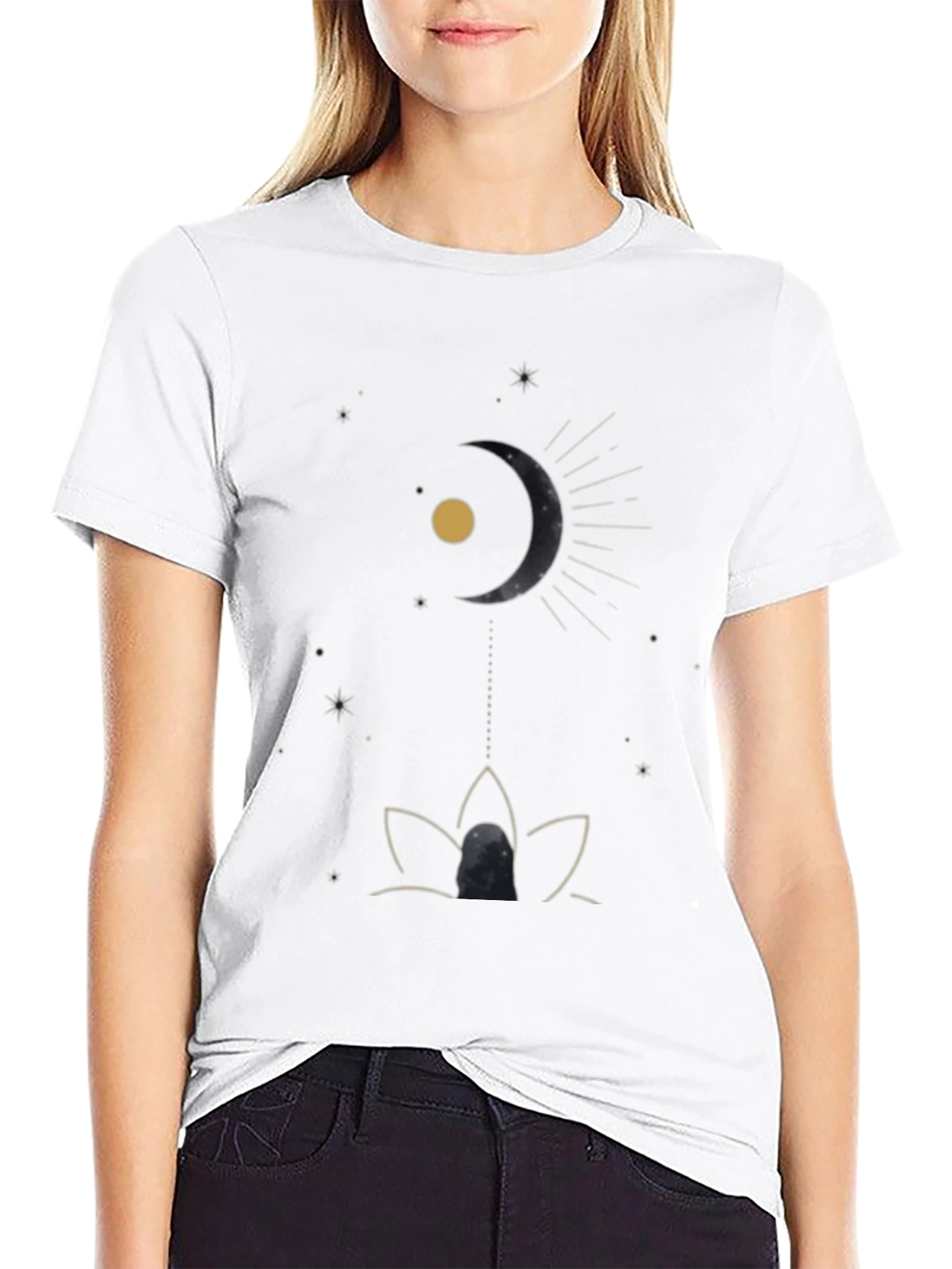 Celestial Moon & Lotus Black T-Shirt
