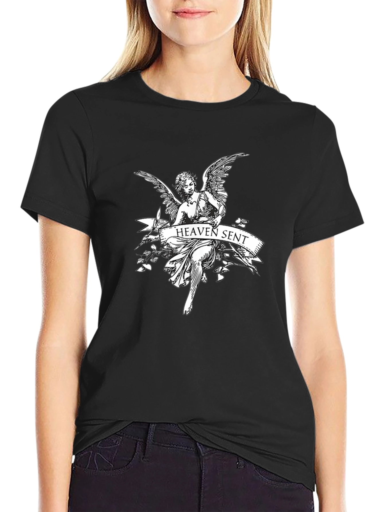 Heaven Sent Angel Graphic T-Shirt - Black