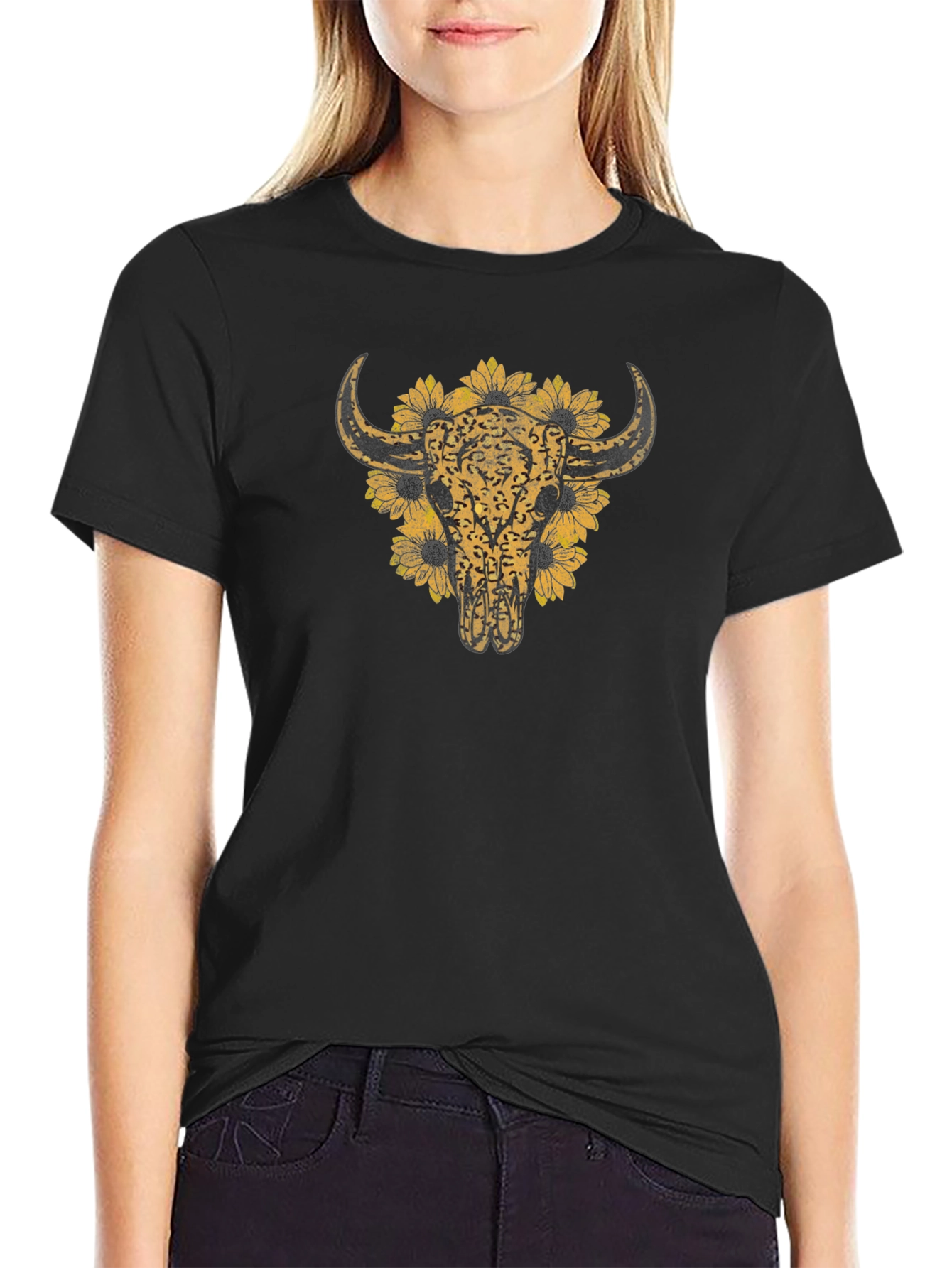Cow Skull & Sunflower Graphic T-Shirt