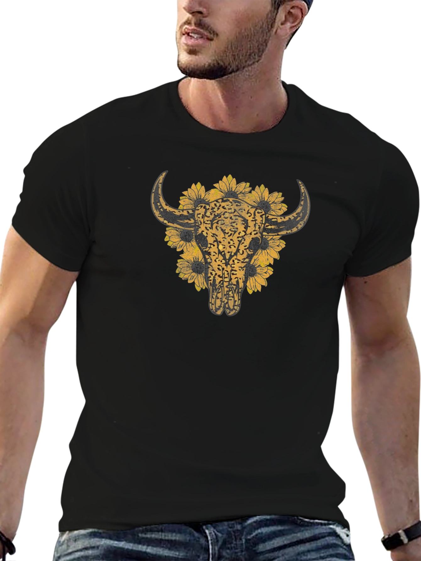 Cow Skull & Sunflower Graphic T-Shirt
