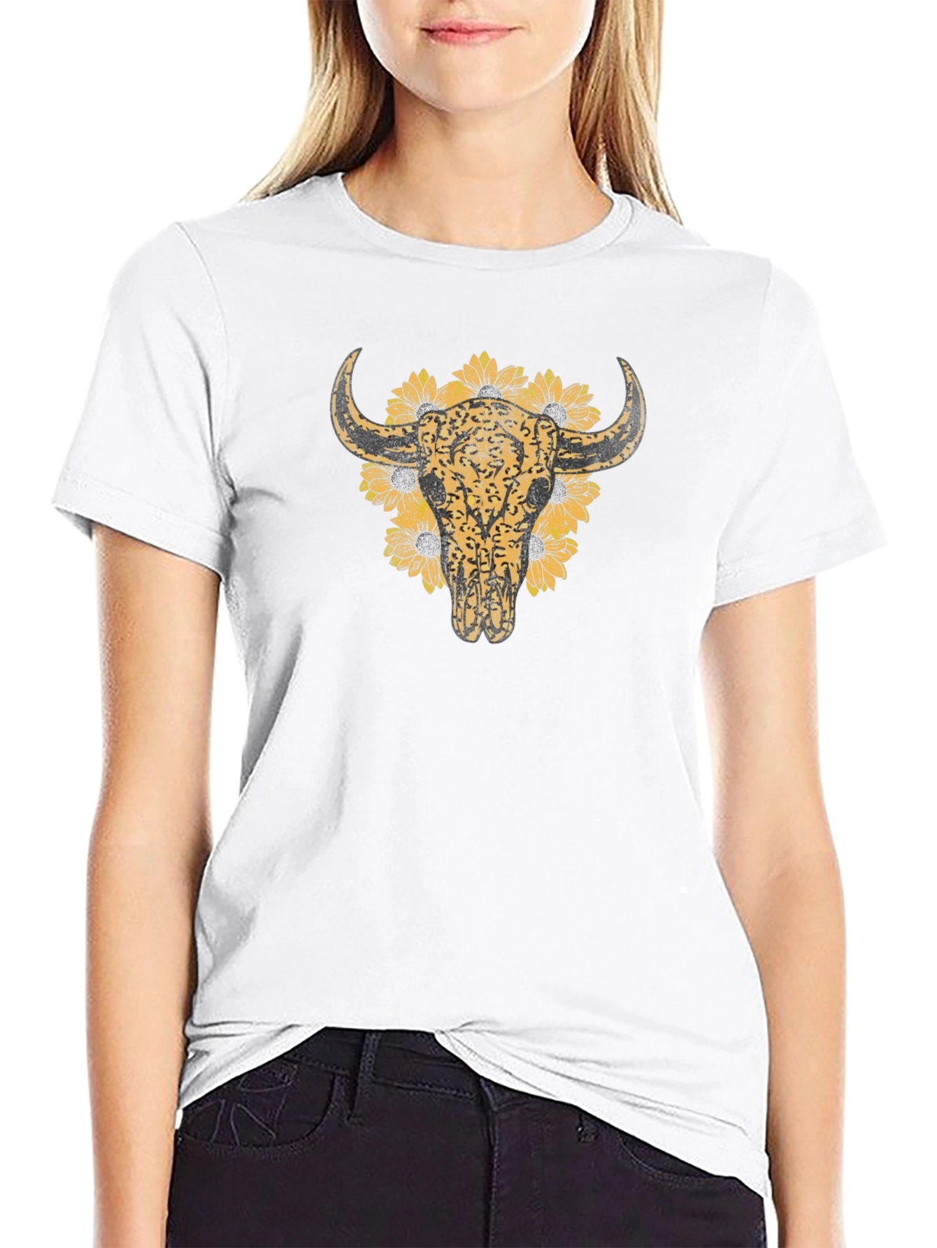 Cow Skull & Sunflower Graphic T-Shirt