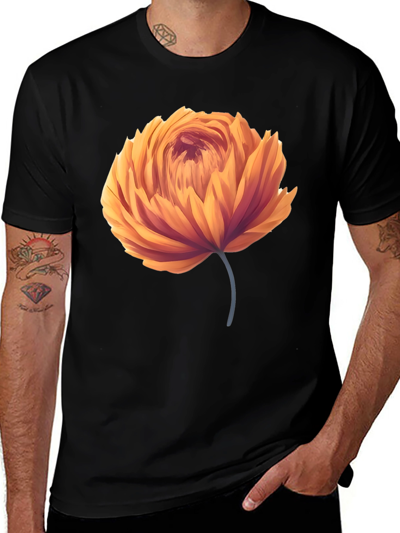 Orange Flower Graphic Black T-Shirt