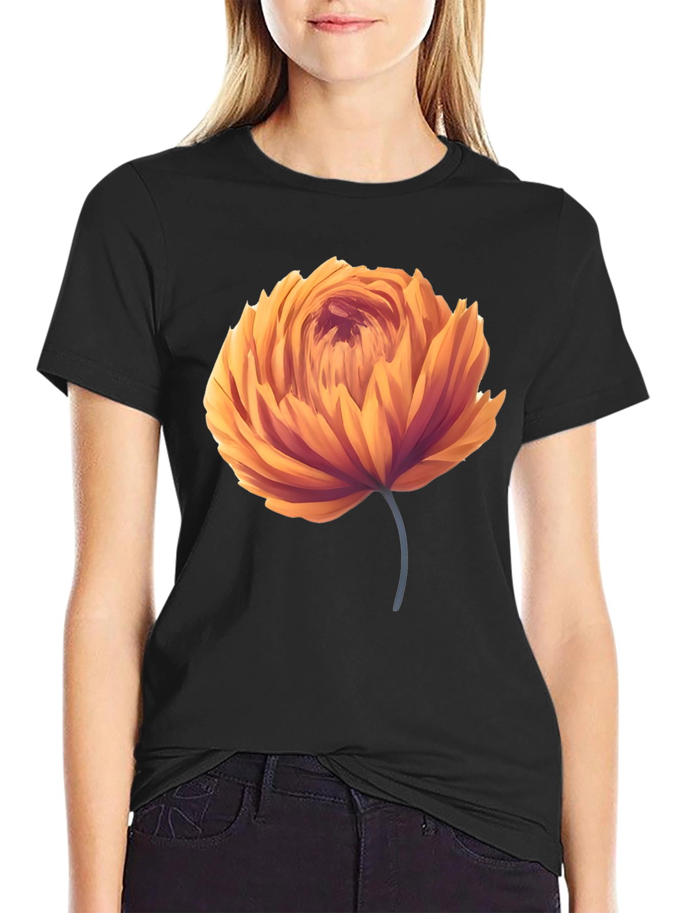 Orange Flower Graphic Black T-Shirt