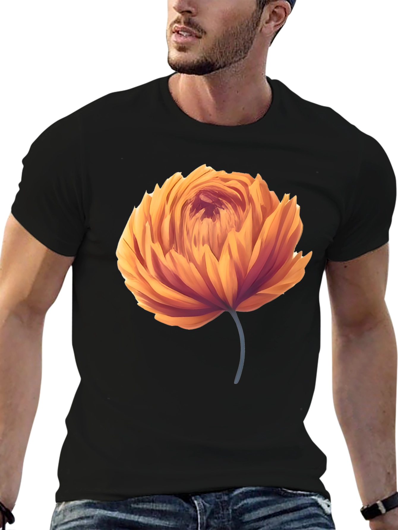Orange Flower Graphic Black T-Shirt