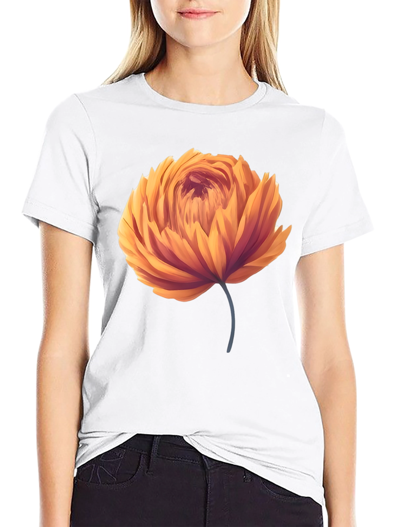 Orange Flower Graphic Black T-Shirt