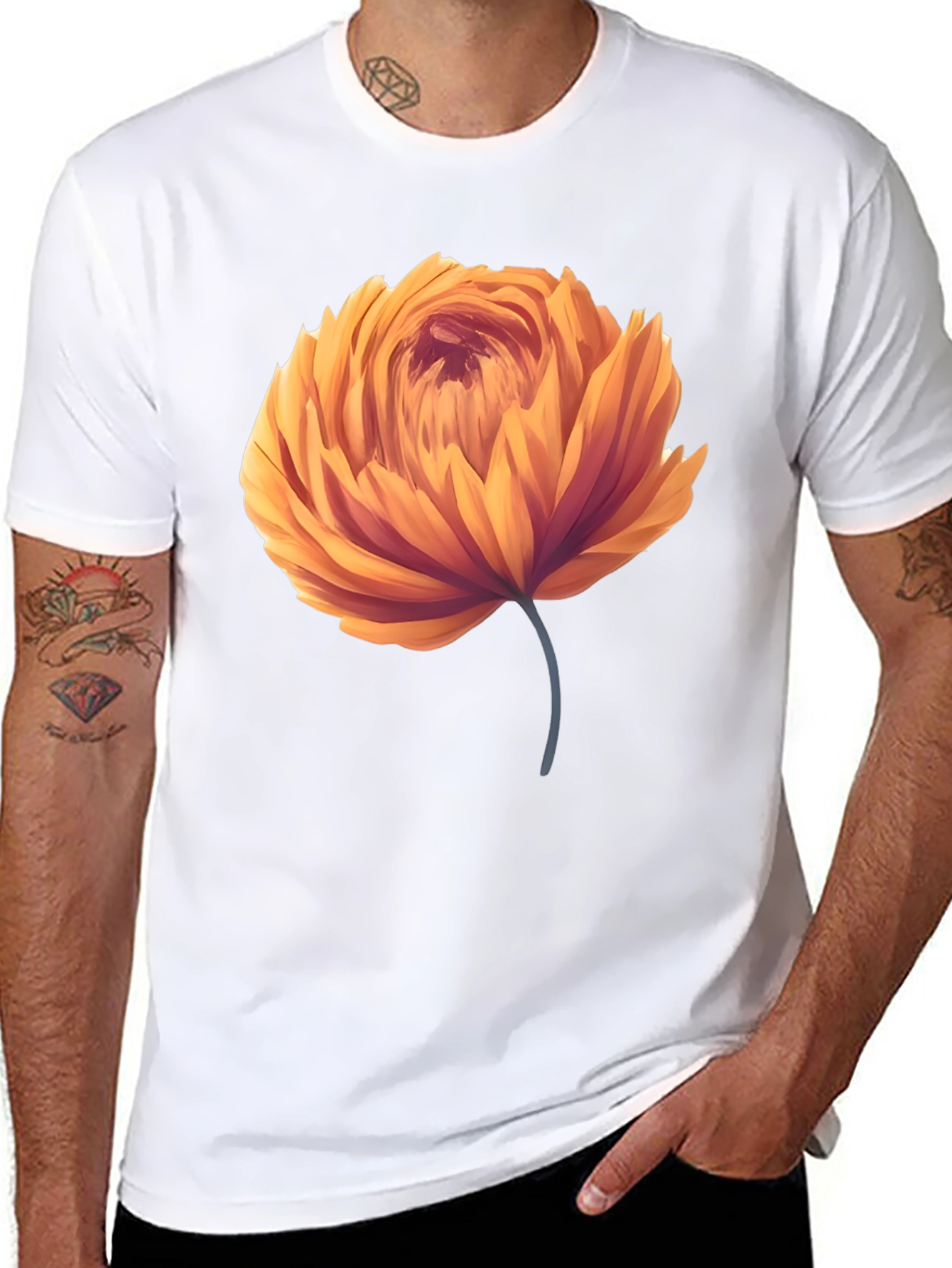 Orange Flower Graphic Black T-Shirt